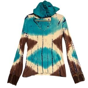 Y2K Grunge IDI Mathew Tie Dye Rhinestone Tunic Top Western Hoodie Sz L Rocker